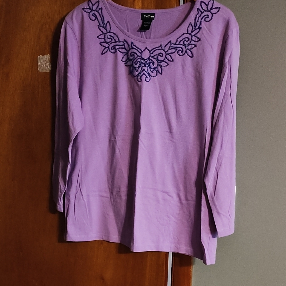 Purple Boxy Blouse with Embellished Neckline
